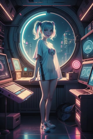 A masterpiece in 4K quality, made in the style of neon cyberpunk. | A beautiful young woman in a large transparent knee-length T-shirt, no trousers, no panties, no bra, she is completely naked under the T-shirt, her breasts shine through from under the T-shirt, naked, in golden neon lights. Her rainbow-colored hair, with two pigtails like Harley Quinn's, is disheveled, an expression of pure pleasure and lust is reflected directly on the viewer, a dynamic pose | Inside the ultra-technological spaceship, the environment is filled with darkness, neon, computers, futuristic structures and neon cyberpunk monitors. there is a huge porthole behind the girl, beyond which the boundless space stretches, The camera is located very close, focusing on her entire body, showing every detail of the doll's limbs. ((whole body)), Perfect hand, Fingers, brush, perfect, best_arms, Close-up, More details, 3d, gloom, darkness, darkness, semi-darkness.