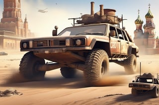 Crossout ctaft car on 4 big mud tired wheel, large Brum bar, roof rack, driving through an abandoned city Moscow in the desert, destroyed houses, sand, dust, sandstorm, thunderstorm, fire from exhaust pipes,scrap metal,rusty car,crossout craft,realism, mad max,futuristic car,tag score