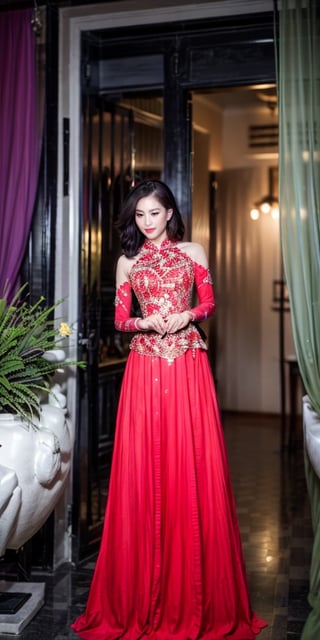 8k super high quality photo, featuring a Vietnamese girl, 21 years old, shoulder-length hair, silver-purple hair, moderate chest, wearing a royal-like ao dai with golden phoenix embroidered, ao dai adorned with many crystals. She is lighting incense and praying in a temple. The incense smoke creates a magical light that seems to escape from paradise. This photo is not only an artistic work, but also a proof of the combination of tradition and modernity, between sacred and seductive.