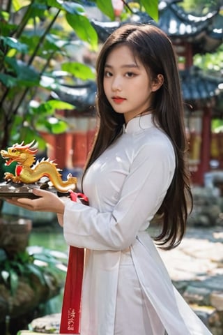 masterpiece, best quality, raw photo, realistic, Vietnamese girl, 18 years old, long flat hair, wearing a red Ao Dai with gold dragon pattern, standing in a pagoda, hand tother ask for blessing by monk master, candle and lotus in the river(professional photo, balanced photo, balanced exposure)