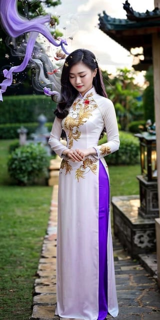 8k super high quality photo, featuring a Vietnamese girl, 21 years old, shoulder-length hair, silver-purple hair, moderate chest, wearing a royal-like ao dai with golden phoenix embroidered, ao dai adorned with many crystals. She is lighting incense and praying in a temple. The incense smoke creates a magical light that seems to escape from paradise. This photo is not only an artistic work, but also a proof of the combination of tradition and modernity, between sacred and seductive.