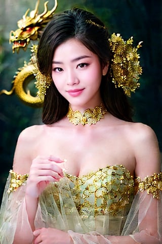 masterpiece, high quality, photorealistic, raw photo, Vietnamese beauty, cute face, full_aodai with a gold 8K dragon, gentle smile, intricate skin, visible pores, off-shoulder, low-key, black background.fully_dressed,Vietnam