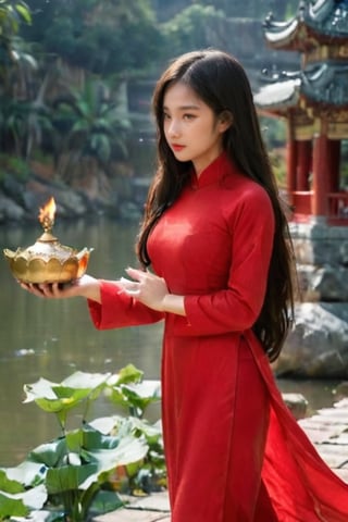 masterpiece, best quality, raw photo, realistic, Vietnamese girl, 18 years old, long flat hair, wearing a red Ao Dai with gold dragon pattern, standing in a pagoda, hand tother ask for blessing by monk master, candle and lotus in the river(professional photo, balanced photo, balanced exposure)