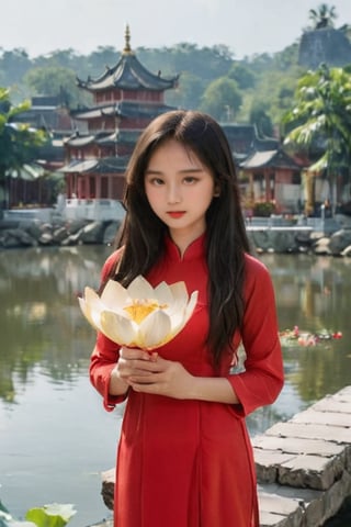 masterpiece, best quality, raw photo, realistic, Vietnamese girl, 18 years old, long flat hair, wearing a red Ao Dai with gold dragon pattern, standing in a pagoda, hand tother ask for blessing by monk master, candle and lotus in the river(professional photo, balanced photo, balanced exposure)