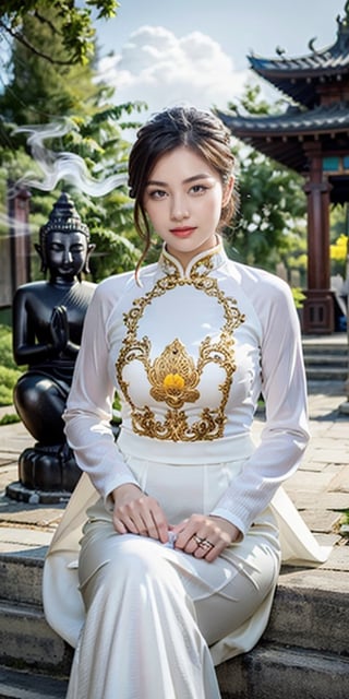 A beautiful Vietnamese girl wearing a traditional ao dai with a family crest for the Lunar New Year, holding a lotus flower, sits in a temple and lights incense in front of a Buddha statue, wishing him peace. Her husband in tuxedo with luxury watch and car stand behind her. 