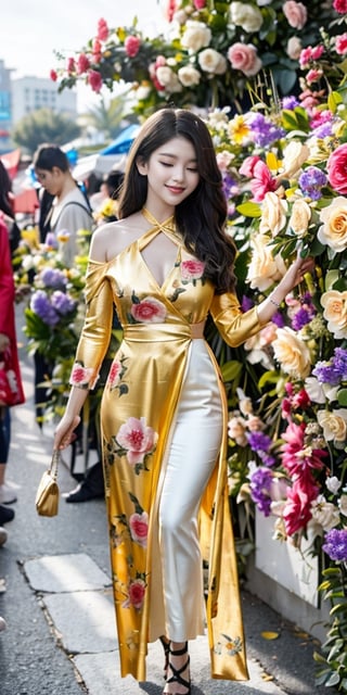 She walks with grace and confidence, her black ao dai adorned with golden dragons and flowers. The fabric flows with her every step, revealing a glimpse of her white trousers and sandals. Her long hair is tied in a bun, secured with a red ribbon. She smiles as she admires the colorful blooms and festive decorations at the Tết floral market. She feels the joy and warmth of the Lunar New Year in the air.
