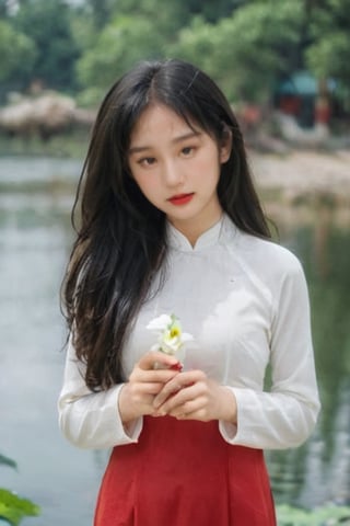 masterpiece, best quality, raw photo, realistic, Vietnamese girl, 18 years old, long flat hair, wearing a red Ao Dai with gold dragon pattern, standing in a pagoda, hand tother ask for blessing by monk master, candle and lotus in the river(professional photo, balanced photo, balanced exposure)