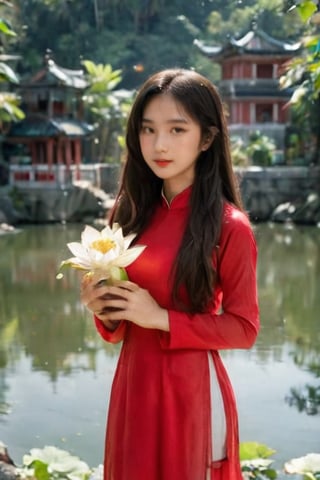 masterpiece, best quality, raw photo, realistic, Vietnamese girl, 18 years old, long flat hair, wearing a red Ao Dai with gold dragon pattern, standing in a pagoda, hand tother ask for blessing by monk master, candle and lotus in the river(professional photo, balanced photo, balanced exposure)