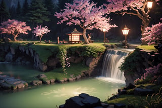 vast fantasy landscape with a giant cherry blossom tree, a suspended village is built on the tree, lots of fairy lights, high detail, japanese fantasy, rural japan, beautiful landscape, forests, mountains, waterfalls, rivers, lotr, dramatic lighting, high detail, intricate, high quality, 8k, high resolution, ultra realistic, --ar --test