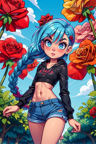 she wears a red rose as an ornament in her hair, HairRose, JinxLol, Narin, light_blue_hair, light_blue_eyes, (cowboy_shot:1.1), (eye_level_shot), (front vire, viewed_from_front)), jawline is softly defined, (big eyes:1.3), Full of details, Highly detailed, Detailed face, serious expression, denim shorts with worn edges, walking, midriff, bare_midriff, pink lipstick, full lips, very narrow waist, hourglass body shape,shine eyes01, looking_at_viewer, ((background of a natural path full of plants, trees and roses)), hands down, perfect,

"((Jinx walks)) calmly for a natural path full of plants, trees and roses wearing ((raw-edged denim shorts)) and a ((crop top)), her beautiful ((eyes shine)) and the wind plays with her ((long braided hair)) and she wears a rose as an ornament in her hair",perfect,HairRose