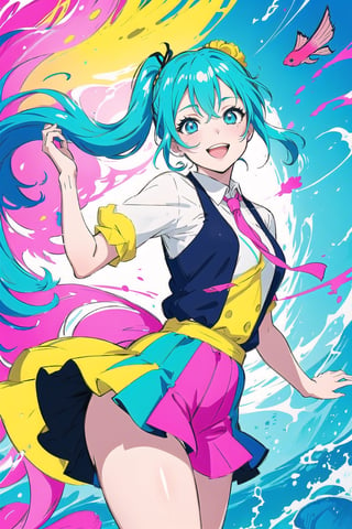 Create a vibrant, colorful anime-style illustration of a joyful girl with light blue hair, styled in two high ponytails with some strands playfully flowing around. The girl has bright, expressive eyes with multiple colors and a wide, happy smile. She is wearing a modern, stylish outfit, possibly a school uniform with a touch of fantasy elements. The background is an underwater scene filled with splashes of bright colors, giving it a surreal and lively atmosphere. Include various colorful fish, predominantly pink and blue, swimming around her, and add bubbles and abstract patterns to enhance the dynamic feel of the scene. The overall color palette should be vivid, featuring blues, pinks, yellows, and a touch of white, creating a cheerful and energetic composition.