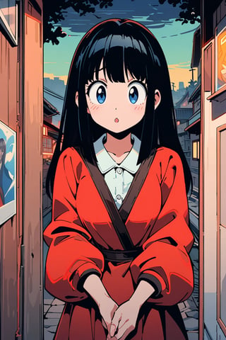 A 25 year old Chinese woman, wearing a red dress, long black hair, delicate features, blue eyes, night, background street, front view, Chinese rural horror comic book style, Rough horror comics, Color cartoon style, Traditional animation style, HD, high detail, clear face, detail features, clear features, ultra-high detail, ultra-high quality, Miyazaki Hayao animation hand-painted style, large paper art style, immersion painting, (Line sense), clean painting style
