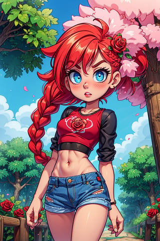 she wears a red rose as an ornament in her hair, HairRose, JinxLol, Narin, light_blue_hair, light_blue_eyes, (cowboy_shot:1.1), (eye_level_shot), (front vire, viewed_from_front)), jawline is softly defined, (big eyes:1.3), Full of details, Highly detailed, Detailed face, serious expression, denim shorts with worn edges, walking, midriff, bare_midriff, pink lipstick, full lips, very narrow waist, hourglass body shape,shine eyes01, looking_at_viewer, ((background of a natural path full of plants, trees and roses)), hands down, perfect,

"((Jinx walks)) calmly for a natural path full of plants, trees and roses wearing ((raw-edged denim shorts)) and a ((crop top)), her beautiful ((eyes shine)) and the wind plays with her ((long braided hair)) and she wears a rose as an ornament in her hair",perfect,HairRose