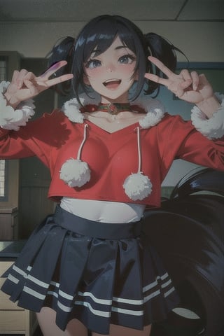 beautiful girl medium black hair with tails, christmas top, japanese school skirt, perfect smile, perfect eyes, high quality, anime style, slim body, professional, sexy