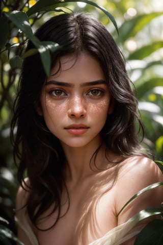 fashion photography portrait of indian girl with black long hair, in lush jungle with flowers, 3d render, cgi, symetrical, octane render, 35mm, bokeh, 9:16, (intricate details:1.12), hdr, (intricate details, hyperdetailed:1.15), (natural skin texture, hyperrealism, soft light, sharp:1.2), detailed, sunlight passing through foliage, india