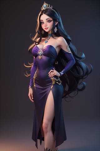 Generate a visually captivating image of a princess with long black hair, attired in a dark purple short dress with a hint of cobalt blue. Her face should be spotless and bright, radiating beauty. The background should capture the interior of a royal castle, showcasing a multitude of vibrant colors that create a regal atmosphere,3D MODEL