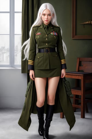 
((good quality image))((beautiful face))((ultra realistic image))1 girl, full body, ((military uniform)), long hair, white hair, green eyes, medium chest