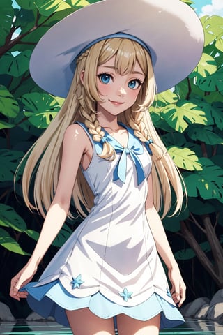 (anime style image), (masterpiece), (very good quality image), (state-of-the-art image quality), (beautiful colors), (perfect lighting), (unbeatable image quality), (full HD), (8k unit), 1 girl, aalillie, long hair, braid, sun hat, white hats, collarbone, sleeveless dress, white dress, (lora:lillie_(pokemon)_v1:0.7), smile, outdoors, photo of cowboy, standing in a large river of crystal clear water,
,aalillie