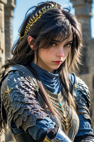 European style, fantasy, solo, cute girl, knight outfit,black & silver long hair, battle, faithing, enemy, ruins, (masterpiece), (best quality), (ultra-detailed), (an extremely delicate and beautiful), ((textile shading)), (caustics), (((sharp focus))),photography, cute girl,blue eyes, black hair, gem, gold,
ultra realistic,uhd,8k,real life,close up,full_body,looking_at_viewer,neon,((knee level angle,front)),yx-hd