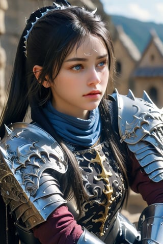 European style, fantasy, solo, cute girl, knight outfit,black & silver long hair, battle, faithing, enemy, ruins, (masterpiece), (best quality), (ultra-detailed), (an extremely delicate and beautiful), ((textile shading)), (caustics), (((sharp focus))),photography, cute girl,blue eyes, black hair, gem, gold,
ultra realistic,uhd,8k,real life,close up,full_body,looking_at_viewer,neon,((knee level angle,front)),yx-hd