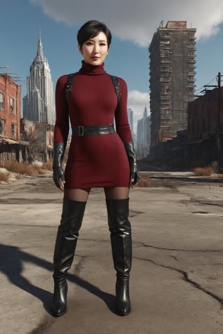 ((((Fallout 4 style)))), 24yo li bingbing, with BLACK asymmetrical blunt bobcut, (black eyeshadow), wearing (burgundy turtleneck sweater dress) with ((black_harness)), ((((black nylon pantyhose)))) under, (((long Black leather thighhigh boots))), in apocalyptic ((wastecity)), smirk, volumetric lighting, Render this image in 8K Extremely Realistic, Ensure the image is in 8K resolution, maintaining an 8K RAW photo level quality, treated as a masterpiece. ensuring the render is extremely realistic and detailed, following the high standards of SDXL. Enhance the realism and detail of the hands (Perfect hands:1.2), Fallout_4