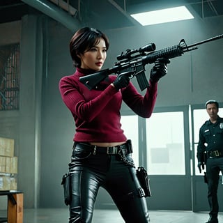 solo,1girl, li bingbing as ada wong with brown eyes, short hair, black hair, sunglasses,burgundy sweater, thigh boots, black pantyhose, holster, black gloves, skillfully handling a rifle. The scene unfolds in a police station, captured in a gritty, action-packed battle sequence. She is modeled with volumetric lighting, enhancing the drama of the scene. Render this image in 8K Extremely Realistic, focusing on achieving an extremely hyper-detailed and intricate composition that feels like an epic. The cinematic lighting should be emphasized to create a masterpiece effect. Ensure the image is in 8K resolution, Her face should be prominently framed, conveying intensity and focus. Choose an editorial medium body shot style of photography, maintaining an 8K RAW photo level quality, treated as a masterpiece. ensuring the render is extremely realistic and detailed, following the high standards of SDXL. Enhance the realism and detail of the hands (Perfect hands:1.2),M16 Rifle series,Extremely Realistic