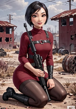 ((((Fallout_4_style)))), 24yo Ada Wong with BLACK asymmetrical blunt bobcut and (black eyeshadow), wearing (burgundy turtleneck sweater dress) with ((black_harness)), ((((black nylon pantyhose)))) under, (((long Black leather thighhigh boots))), she holds a (((Assault Rifle))), sitting in apocalyptic ((wastecity)), smirk, hypnosis gaze, nighttime, haze, perfect composition, epic, rtx on, UHD, 32K, photorealistic, ((natural realistic skin tone and texture)). Fallout_4_logo,disney pixar style