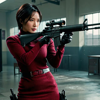 solo,1girl, li bingbing as ada wong with brown eyes, short hair, black hair, sunglasses,burgundy sweater, thigh boots, black pantyhose, holster, black gloves, skillfully handling a rifle. The scene unfolds in a police station, captured in a gritty, action-packed battle sequence. She is modeled with volumetric lighting, enhancing the drama of the scene. Render this image in 8K Extremely Realistic, focusing on achieving an extremely hyper-detailed and intricate composition that feels like an epic. The cinematic lighting should be emphasized to create a masterpiece effect. Ensure the image is in 8K resolution, Her face should be prominently framed, conveying intensity and focus. Choose an editorial medium body shot style of photography, maintaining an 8K RAW photo level quality, treated as a masterpiece. ensuring the render is extremely realistic and detailed, following the high standards of SDXL. Enhance the realism and detail of the hands (Perfect hands:1.2),M16 Rifle series,Extremely Realistic