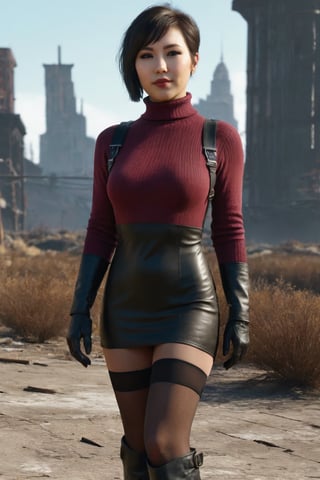 ((((Fallout_4_style)))), 24yo chinese girl, with BLACK asymmetrical blunt bobcut, (black eyeshadow), wearing (burgundy turtleneck sweater dress) with ((black_harness)), ((((black nylon pantyhose)))) under, (((long Black leather thighhigh boots))), in apocalyptic ((wastecity)), smirk, volumetric lighting, Render this image in 8K Extremely Realistic, Ensure the image is in 8K resolution, maintaining an 8K RAW photo level quality, treated as a masterpiece. ensuring the render is extremely realistic and detailed, following the high standards of SDXL. Enhance the realism and detail of the hands (Perfect hands:1.2), Fallout_4_logo