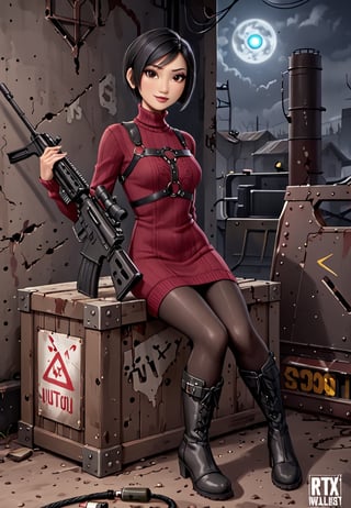 ((((Fallout_4_style)))), 24yo Ada Wong with BLACK asymmetrical blunt bobcut and (black eyeshadow), wearing (burgundy turtleneck sweater dress) with ((black_harness)), ((((black nylon pantyhose)))) under, (((long Black leather thighhigh boots))), she holds a (((Assault Rifle))), sitting in apocalyptic ((wastecity)), smirk, hypnosis gaze, nighttime, haze, perfect composition, epic, rtx on, UHD, 32K, photorealistic, ((natural realistic skin tone and texture)). Fallout_4_logo,disney pixar style