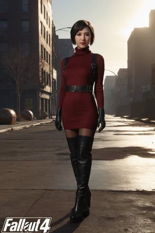 ((((Fallout_4_style)))), 24yo chinese girl, with BLACK asymmetrical blunt bobcut, (black eyeshadow), wearing (burgundy turtleneck sweater dress) with ((black_harness)), ((((black nylon pantyhose)))) under, (((long Black leather thighhigh boots))), in apocalyptic ((wastecity)), smirk, volumetric lighting, Render this image in 8K Extremely Realistic, Ensure the image is in 8K resolution, maintaining an 8K RAW photo level quality, treated as a masterpiece. ensuring the render is extremely realistic and detailed, following the high standards of SDXL. Enhance the realism and detail of the hands (Perfect hands:1.2), Fallout_4_logo