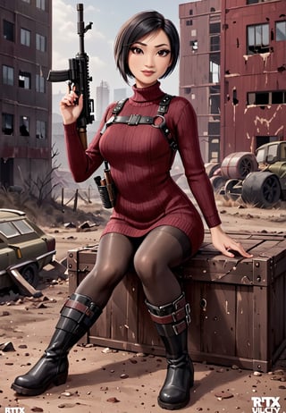 ((((Fallout_4_style)))), 24yo Ada Wong with BLACK asymmetrical blunt bobcut and (black eyeshadow), wearing (burgundy turtleneck sweater dress) with ((black_harness)), ((((black nylon pantyhose)))) under, (((long Black leather thighhigh boots))), she holds a (((Assault Rifle))), sitting in apocalyptic ((wastecity)), smirk, hypnosis gaze, nighttime, haze, perfect composition, epic, rtx on, UHD, 32K, photorealistic, ((natural realistic skin tone and texture)). Fallout_4_logo,disney pixar style