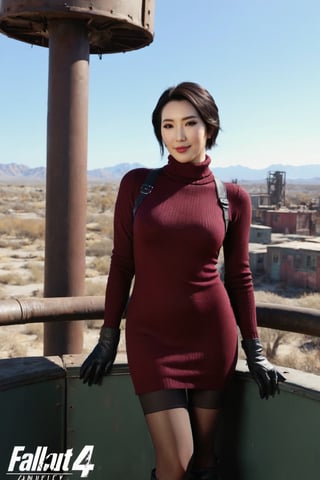 ((((Fallout 4 style)))), 24yo li bingbing, with BLACK asymmetrical blunt bobcut, (black eyeshadow), wearing (burgundy turtleneck sweater dress) with ((black_harness)), ((((black nylon pantyhose)))) under, (((long Black leather thighhigh boots))), in apocalyptic ((wastecity)), smirk, volumetric lighting, Render this image in 8K Extremely Realistic, Ensure the image is in 8K resolution, maintaining an 8K RAW photo level quality, treated as a masterpiece. ensuring the render is extremely realistic and detailed, following the high standards of SDXL. Enhance the realism and detail of the hands (Perfect hands:1.2), Fallout_4