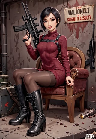 ((((Fallout_4_style)))), 24yo Ada Wong with BLACK asymmetrical blunt bobcut and (black eyeshadow), wearing (burgundy turtleneck sweater dress) with ((black_harness)), ((((black nylon pantyhose)))) under, (((long Black leather thighhigh boots))), she holds a (((Assault Rifle))), sitting in apocalyptic ((wastecity)), smirk, hypnosis gaze, nighttime, haze, perfect composition, epic, rtx on, UHD, 32K, photorealistic, ((natural realistic skin tone and texture)). Fallout_4_logo,disney pixar style