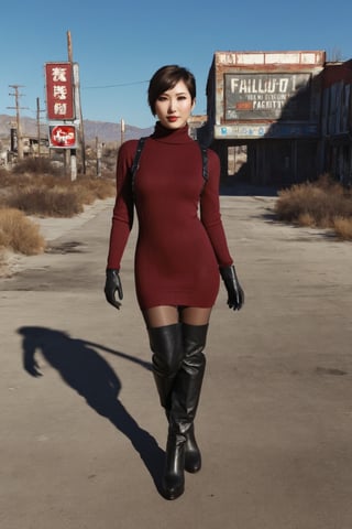 ((((Fallout_4_style)))), 24yo chinese girl, with BLACK asymmetrical blunt bobcut, (black eyeshadow), wearing (burgundy turtleneck sweater dress) with ((black_harness)), ((((black nylon pantyhose)))) under, (((long Black leather thighhigh boots))), in apocalyptic ((wastecity)), smirk, volumetric lighting, Render this image in 8K Extremely Realistic, Ensure the image is in 8K resolution, maintaining an 8K RAW photo level quality, treated as a masterpiece. ensuring the render is extremely realistic and detailed, following the high standards of SDXL. Enhance the realism and detail of the hands (Perfect hands:1.2), Fallout_4_logo