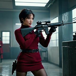 solo,1girl, li bingbing as ada wong with brown eyes, short hair, black hair, sunglasses,burgundy sweater, thigh boots, black pantyhose, holster, black gloves, skillfully handling a rifle. The scene unfolds in a police station, captured in a gritty, action-packed battle sequence. She is modeled with volumetric lighting, enhancing the drama of the scene. Render this image in 8K Extremely Realistic, focusing on achieving an extremely hyper-detailed and intricate composition that feels like an epic. The cinematic lighting should be emphasized to create a masterpiece effect. Ensure the image is in 8K resolution, Her face should be prominently framed, conveying intensity and focus. Choose an editorial medium body shot style of photography, maintaining an 8K RAW photo level quality, treated as a masterpiece. ensuring the render is extremely realistic and detailed, following the high standards of SDXL. Enhance the realism and detail of the hands (Perfect hands:1.2),M16 Rifle series,Extremely Realistic