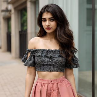 indoor, beautiful cute young attractive  indian bangali girl, 23 years old, cute,Sexy pose is poised and elegant. She is wearing a matching two-piece outfit consisting of a polka dot crop top and a high-waisted skirt. The crop top is strapless with a knot detail in the front, adding a playful touch. The skirt is ruched and fitted, with a ruffled hem, giving it a flirty and feminine look. Her hair is styled in voluminous, loose curls, cascading down her shoulders. She has a high half-up hairstyle