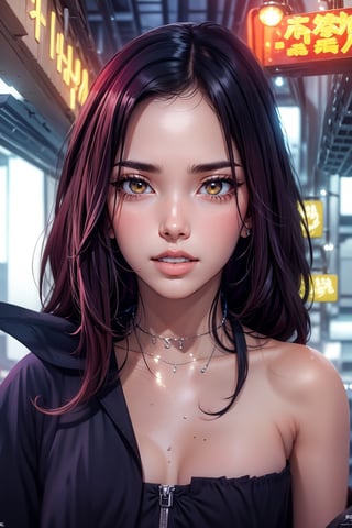 (masterpiece, best quality, photorealistic, high resolution, 8K raw photo, artstation) Half-body shot, Asian Girl, [Lisa Blackpink: Jisoo Blackpink:0.5], red eyes, elegant, thoughtful, reddish yellow lips, gothic, emo, dark, rock clothing, ((loose hair, black with white color)), good quality, cyberpunk, gothic
,Detailedface