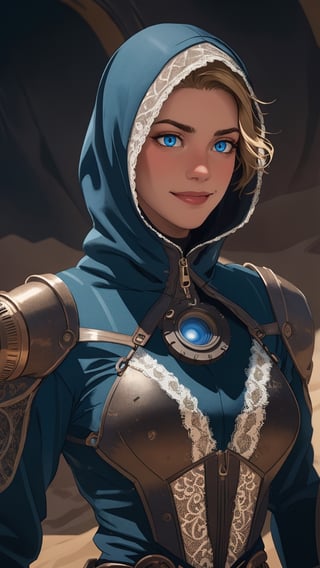  planet Arrakis, steampunk, A beautiful young woman with medium short blonde hair and intense blue eyes who is talking to other people standing with their backs to the observer, eyes completely fully blue,transparent lace mask, delicate smile,
sand, desert on the planet's dune, Fremen suit, all body parts covered, outfit looks like a loose Bedouin suit with a hood, Fremen area,
DSLR Photography, shot with a 50mm lens at f/2.1, blurred, blurry background, cinematic film still, cinematic photo , bokeh, professional, 4k, highly detailed . shallow depth of field, vignette, highly detailed, high budget Hollywood movie, bokeh, cinemascope, moody, epic, gorgeous, film grain, grainy . Textured, distressed, vintage, edgy,Movie Still,Extremely Realistic,steampunk style,more detail XL,mercy graves