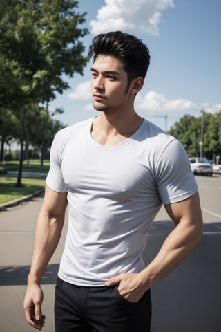 solo, short hair, shirt, black hair, 1boy, standing, short sleeves, male focus, outdoors, sky, day, pants, cloud, blue sky, black shirt, facial hair, black pants, sunlight, t-shirt, realistic, photo background,Pectoral Focus