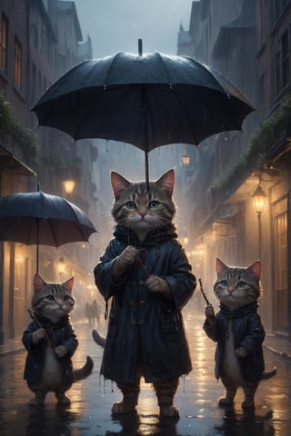 Hyper-detailed  painting, Jean-Baptiste Monge style, a gang of mascular cats gathered in the rain  under an single black long raincoat, splash, glittering, cute and adorable, filigree, lights, fluffy, magic, surreal, fantasy, digital art, ultra hd, hyper-realistic illustration, vivid colors,  UHD, cinematic perfect light,greg rutkowski, magic stick in hand, performing magic