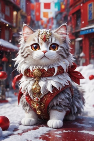 (best quality,8K,highres,masterpiece), ultra-detailed, a cat on the red royal snow street,more detail XL,chibi