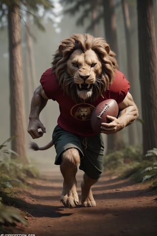 fury lion lord insanely running after stealing the football from a daddy mouse in the forest, cinematic