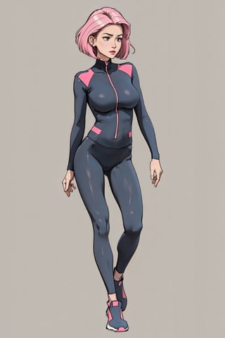 1 girl (best quality), full body, pink hair, short bob hair, astro costume, purple eyes, tight bodysuit, transparent bodysuit, leotard, pose character characteristics, standing pose relaxed arms, neutral standing pose, character characteristics character, full character, futuristic footwear, cyberpunk style, masamune shirow style, neco style, No background, light background, white background, plain white background, no background, clean background, jumpsuit,th1nsh1rtng,leggings,SAM YANG