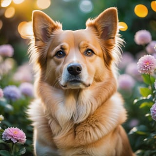 dog, digital photography, masterpiece, bokeh, portrait, in a garden, good lighting, flowers, 8k