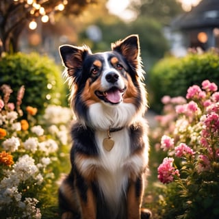 dog, digital photography, masterpiece, bokeh, portrait, in a garden, good lighting, flowers, 8k