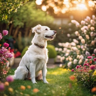 dog, digital photography, masterpiece, bokeh, portrait, in a garden, good lighting, flowers, 8k