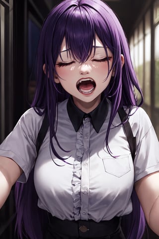 high quality
scared woman screaming
long purple hair
closed eyes
purple shirt