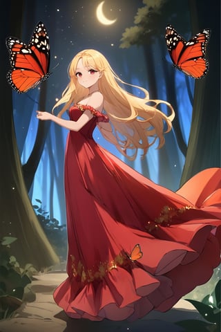 HIGH QUALITY
red monarch butterfly wings
long blond hair

Golden dress
barefoot

forest at night