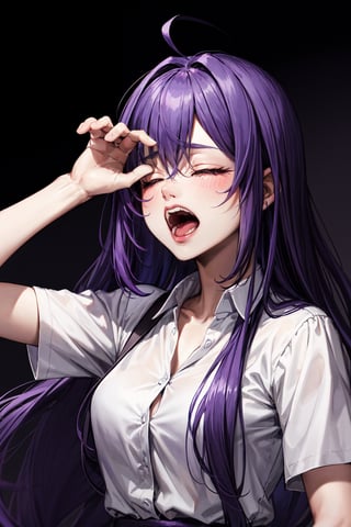 high quality
scared woman screaming
long purple hair
closed eyes
purple shirt